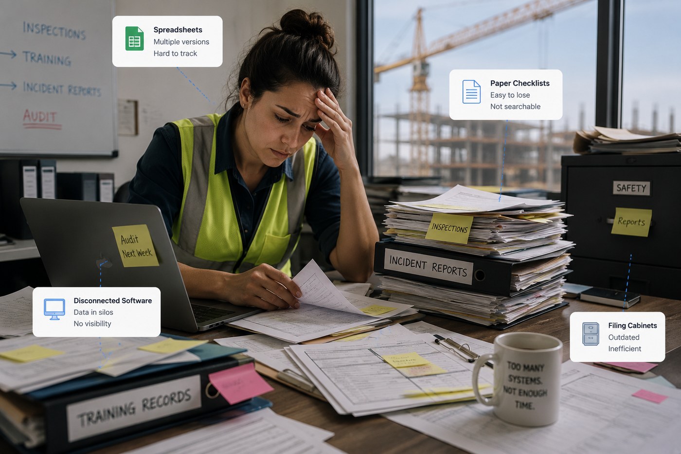 Overwhelmed safety manager surrounded by paper binders, spreadsheets, and filing cabinets, annotated with the problems each one causes