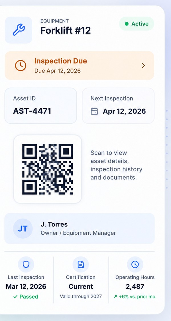 Forklift #12 asset card showing equipment status, inspection due date, asset ID, QR code, and owner